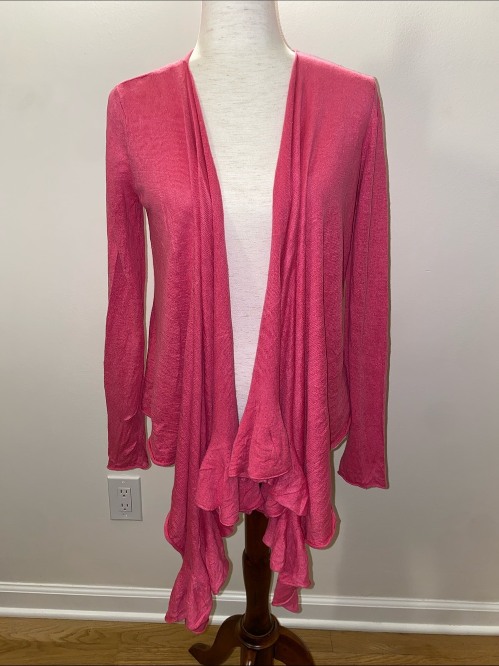 DKNY Flowy Pink Ruffle Open-Front Women's Sweater Cardigan size Small